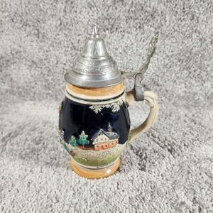 Western Germany Beer Stein Cobalt Blue Tavern Scene DBGM Lid Vintage Small